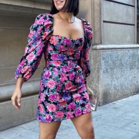 ZARA | BLOGGER FAVE Floral Print Belted Puff Sleeve Square Neck Mini Dress - Picture 9 of 9